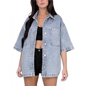 Women's Denim Jacket Wash Jean Jacket With Pockets Oversized Short Light Blue